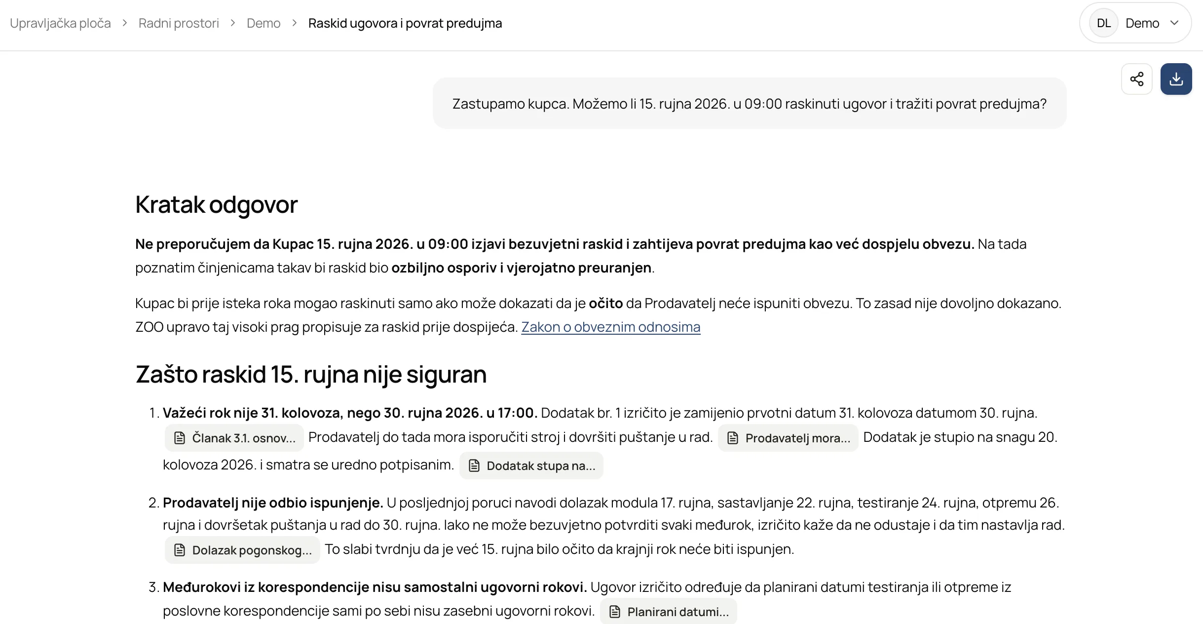 Lexandro.ai — analiza raskida ugovora: kratki odgovor s obrazloženjem, citatima na ugovor, dodatak i korespondenciju