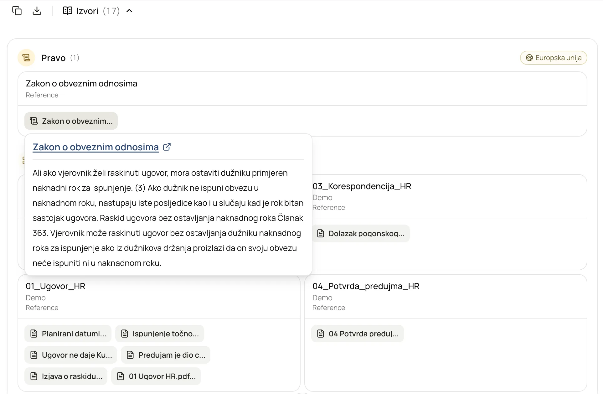 Lexandro.ai — pregled korištenih izvora uz odgovor: Zakon o obveznim odnosima s tekstom odredbi i dokumentima predmeta