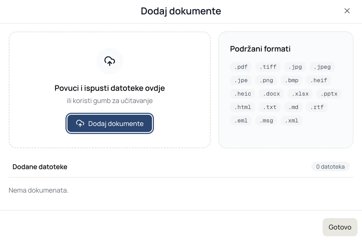 Dodaj dokumente u Lexandro.ai: povuci i ispusti datoteke. Podržani formati: .pdf, .docx, .xlsx, .pptx, .html, .txt, .md, .rtf, .eml, .msg, .xml, .jpg, .png, .bmp, .tiff, .heif, .heic i drugi.