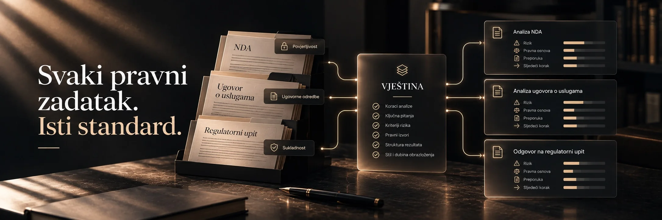 Svaki pravni zadatak. Isti standard. — NDA, ugovori i regulatorni upiti analizirani kroz strukturiranu Vještinu s provjerljivim rezultatima