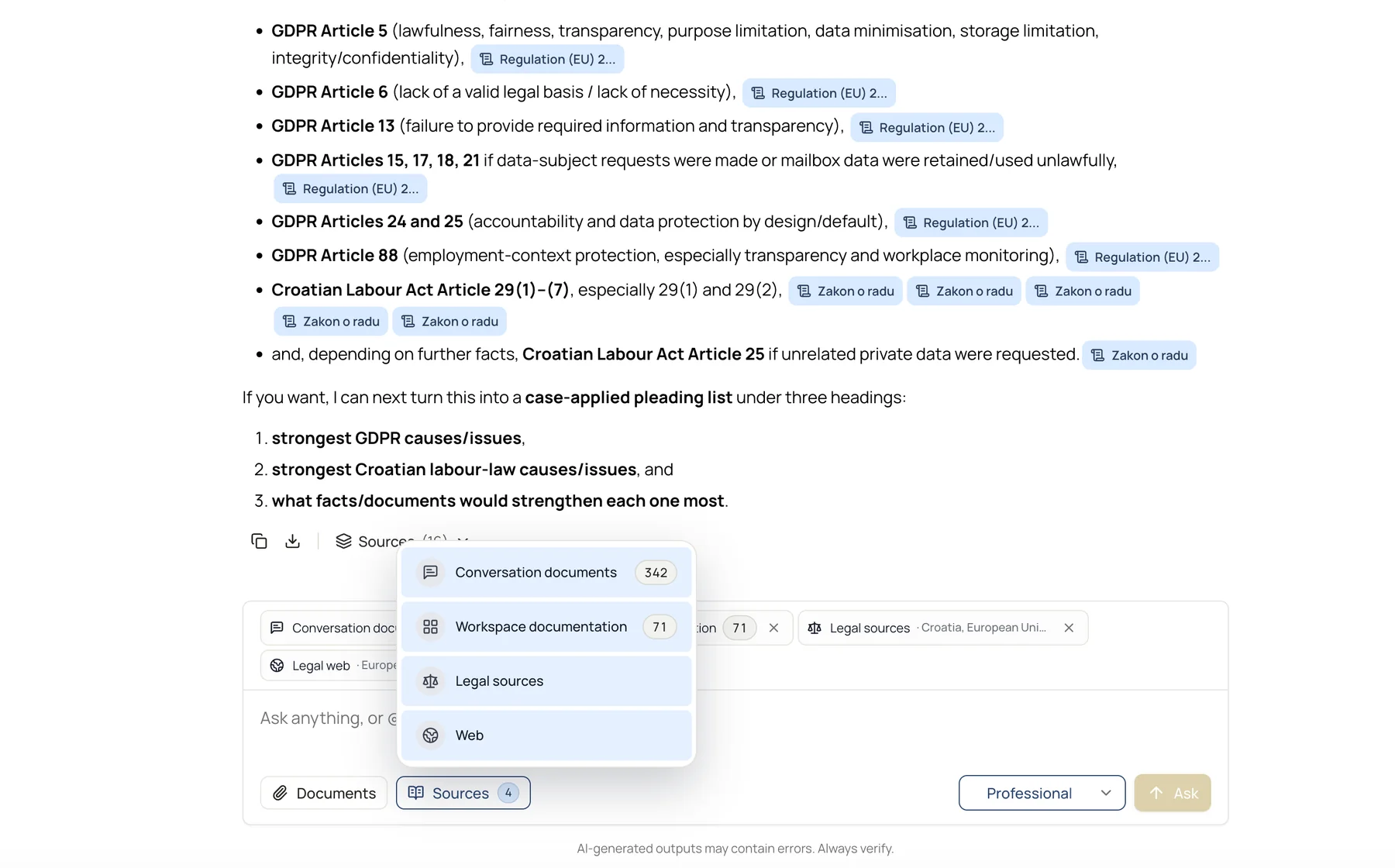 Lexandro answer view showing source-linked legal analysis with connected documents, legal sources, and web context.