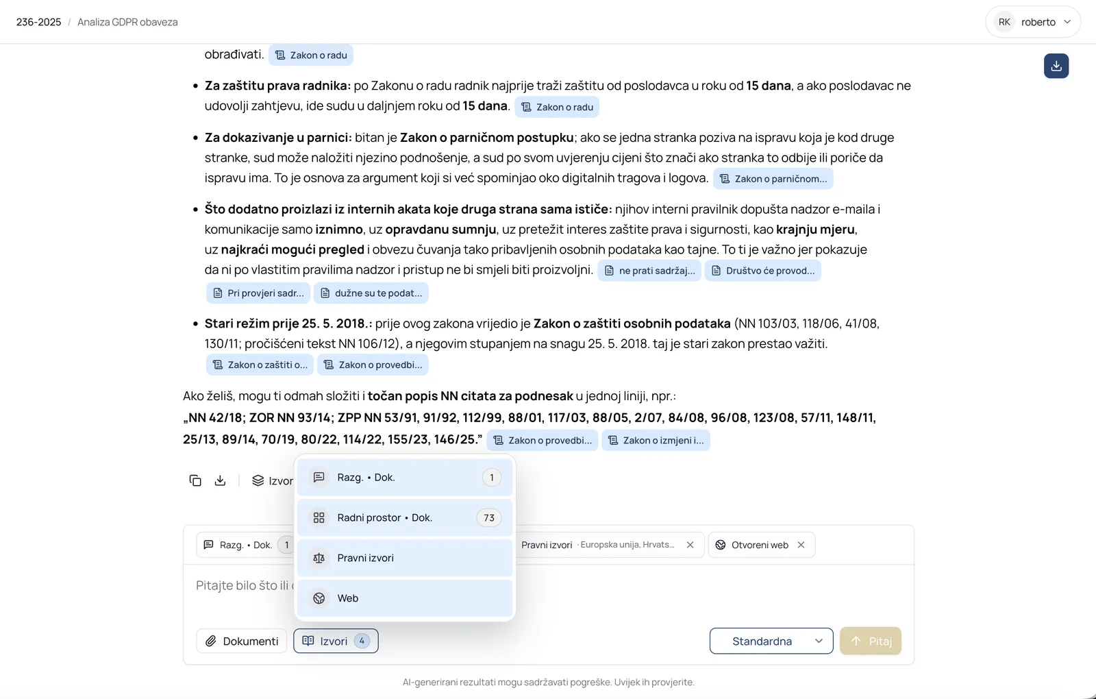 Lexandro razgovor na hrvatskom — odgovor s citatima zakona i odabirom izvora (dokumenti, radni prostor, pravni izvori, web)