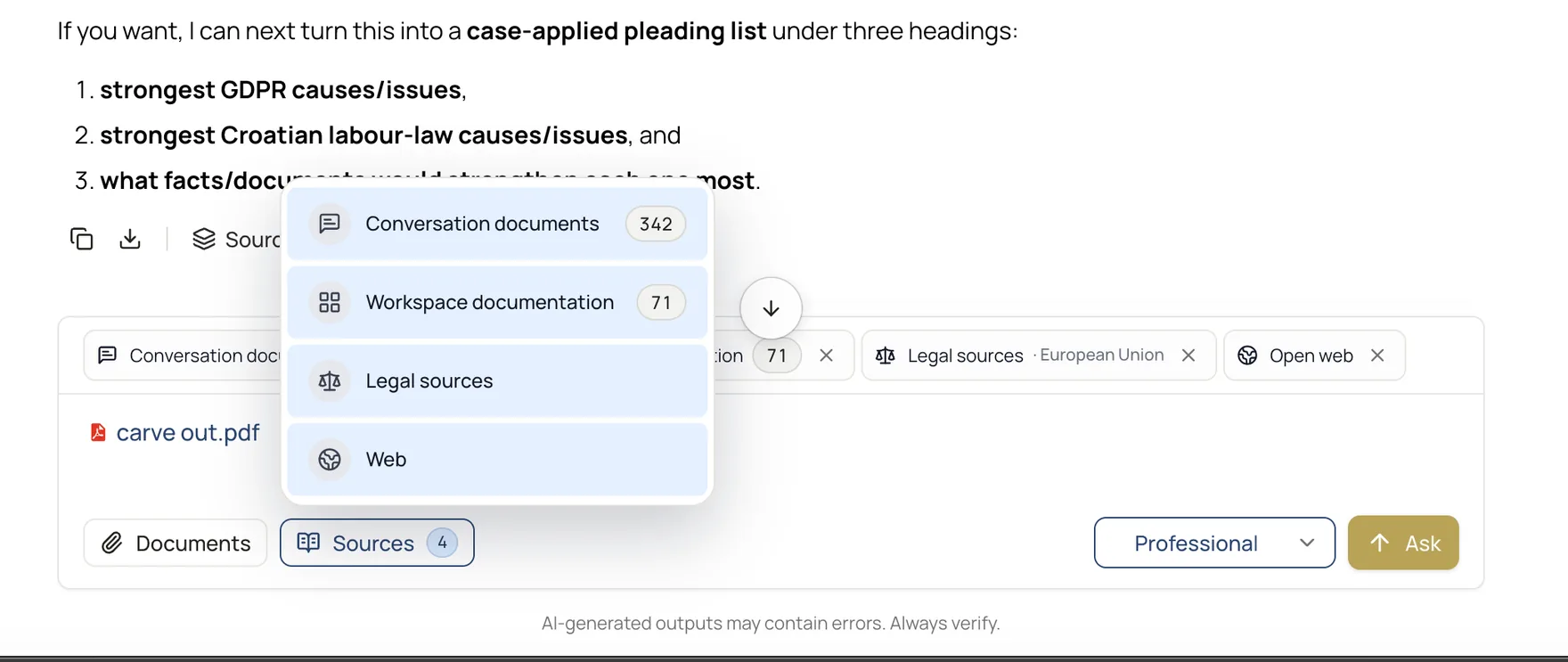 Lexandro source selector showing conversation documents, workspace documentation, legal sources, and web sources selected before asking.