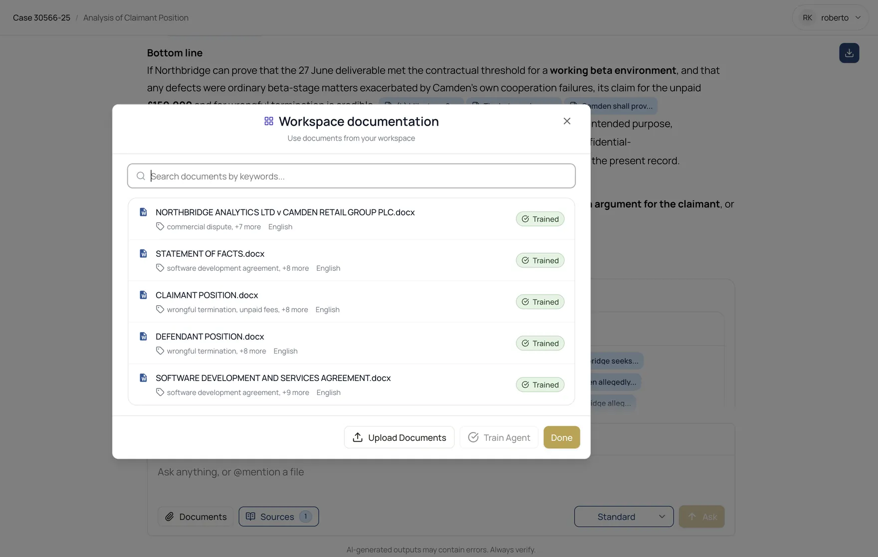 Lexandro workspace documentation modal showing trained matter documents available inside a case workspace.